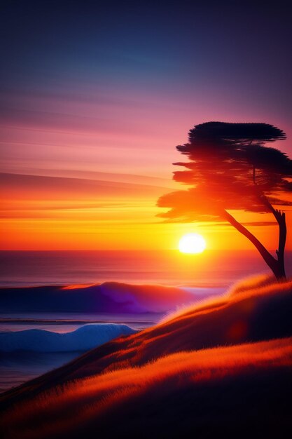 Um pôr do sol com uma árvore no horizonte