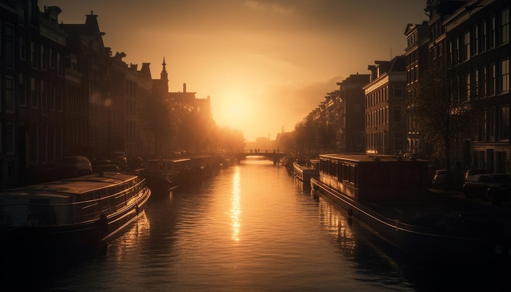 Foto grátis um pôr do sol sobre um canal com um barco na água.