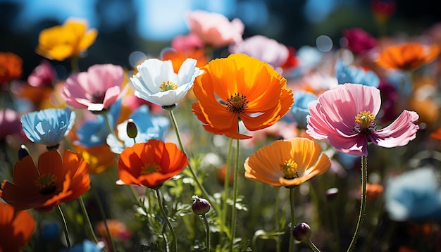 Um prado vibrante de flores multicoloridas no verão gerado pela inteligência artificial