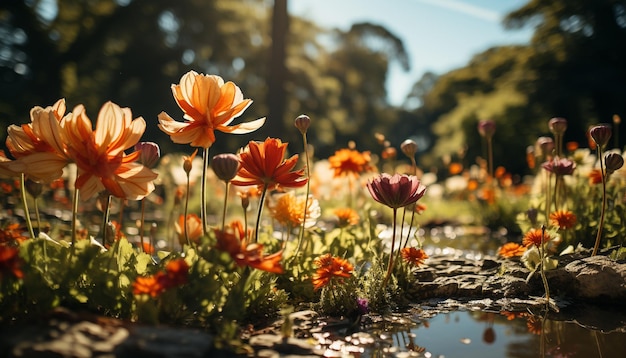 Um prado vibrante de flores multicoloridas no verão gerado por inteligência artificial