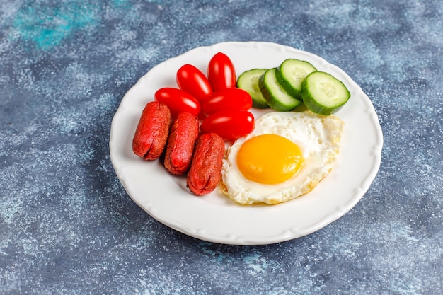 Um prato de café da manhã contendo linguiças de coquetel, ovos fritos, tomate cereja, doces, frutas e um copo de suco de pêssego.