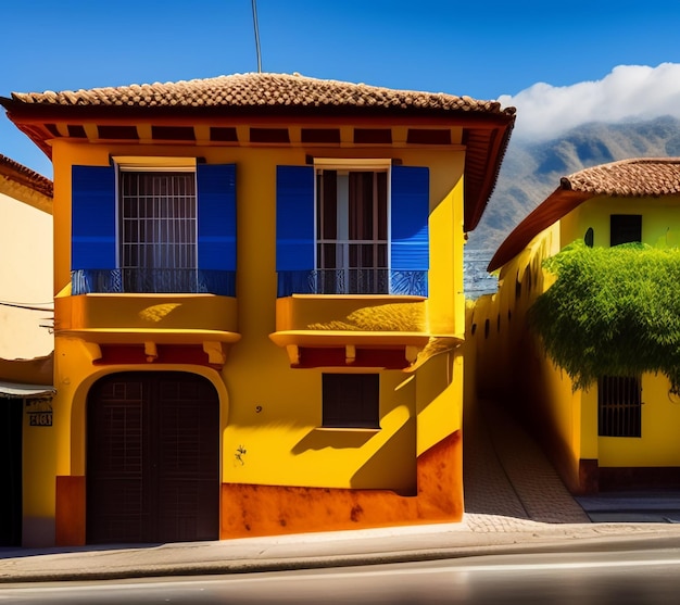 Foto grátis um prédio amarelo e laranja com janelas azuis e uma árvore verde na frente.