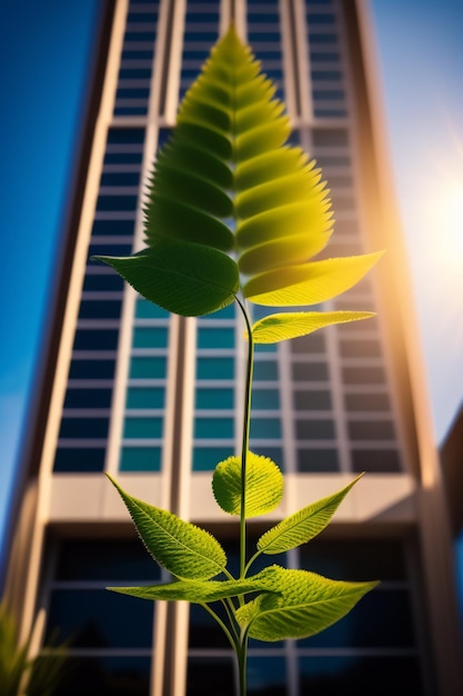 Um prédio ao fundo com uma planta na frente