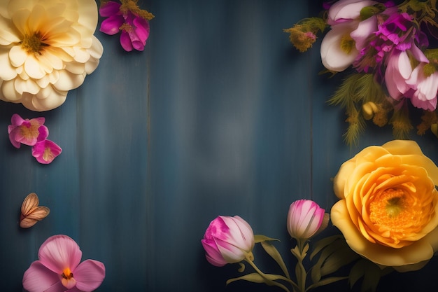 Foto grátis um quadro de flores coloridas com flores amarelas e rosa em um fundo azul