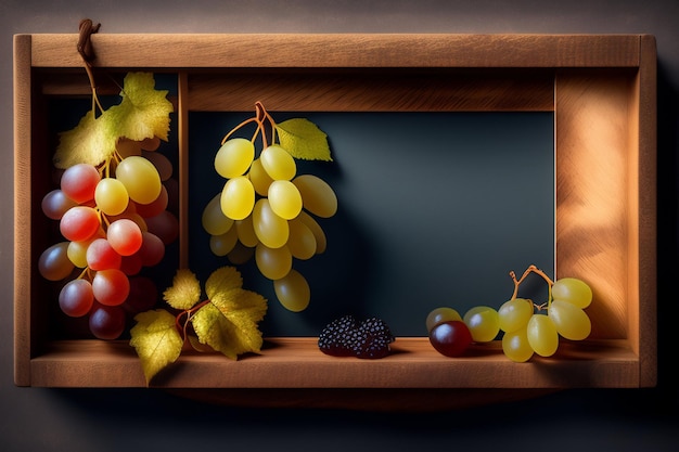 Foto grátis um quadro-negro com uvas e folhas