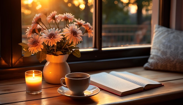 Um quarto aconchegante com um livro com uma flor de café abraça o calor da natureza gerado pela inteligência artificial