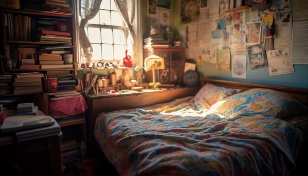 Um quarto com uma cama, um abajur e uma estante com pôsteres.