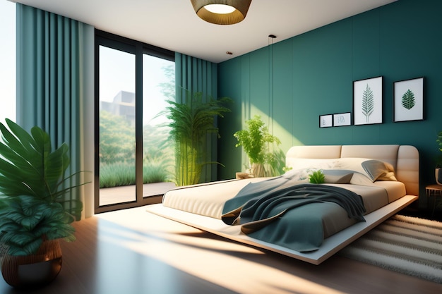 Foto grátis um quarto com uma parede verde e uma cama com um cobertor branco.