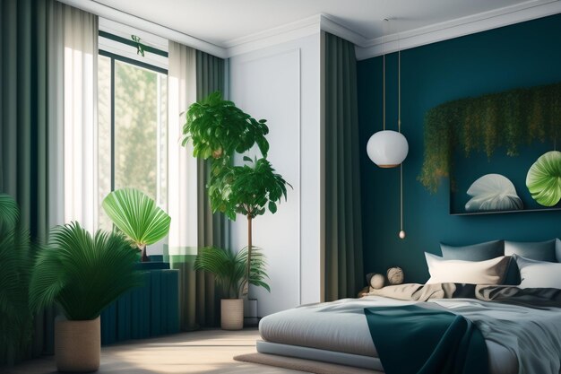 Um quarto com uma parede verde e uma cama com uma planta.