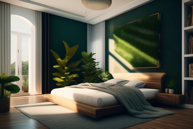 Um quarto com uma parede verde e uma planta.