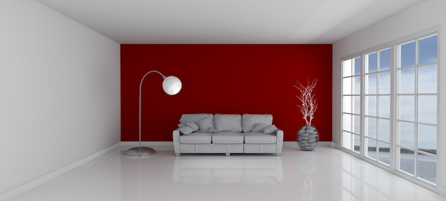 Um quarto com uma parede vermelha e um sofá.