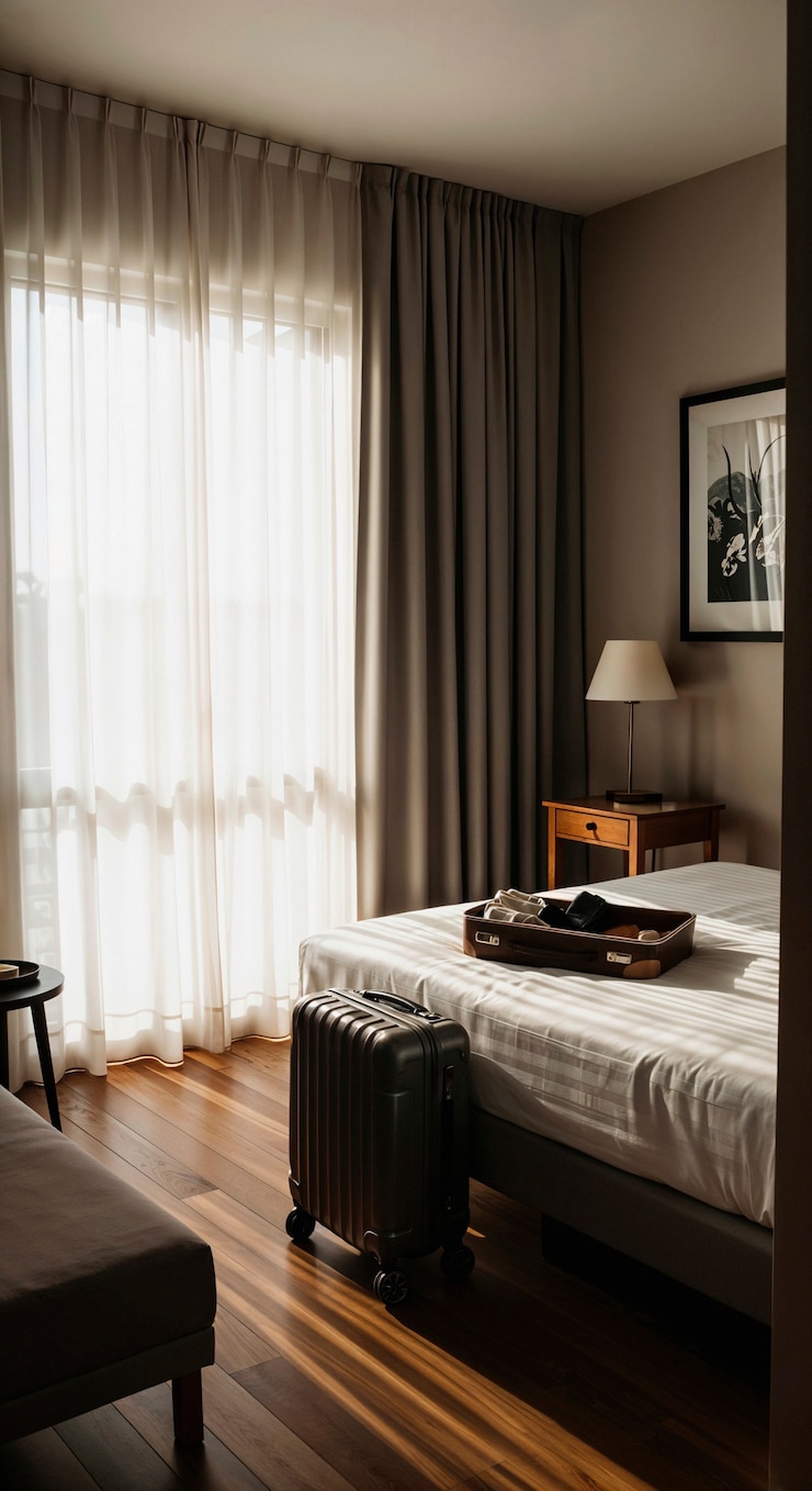 Foto grátis um quarto de hotel aconchegante e elegante com luz solar e bagagem.