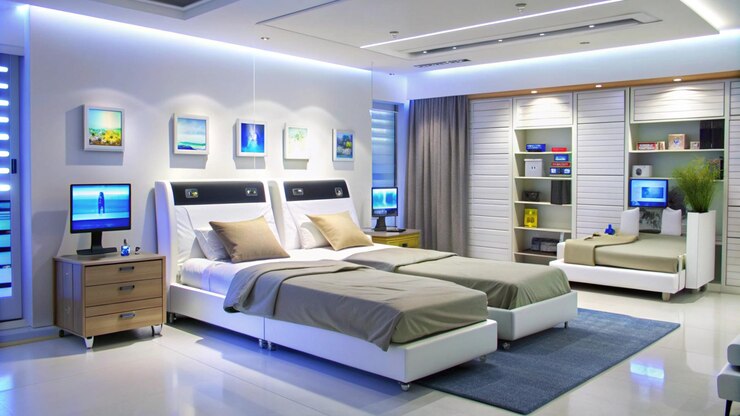 Foto grátis um quarto moderno com camas duplas e um tapete azul.