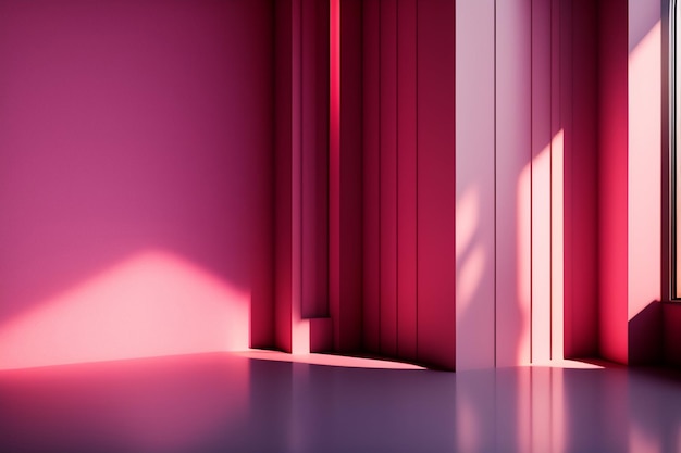 Um quarto rosa com uma janela e uma luz na parede