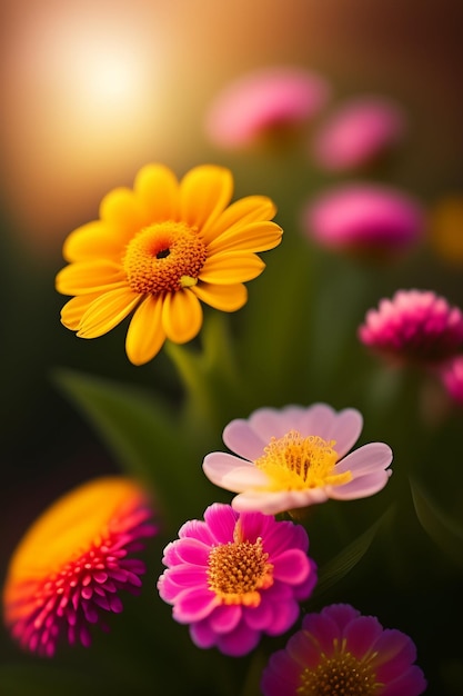 Foto grátis um ramo de flores com um fundo rosa e amarelo