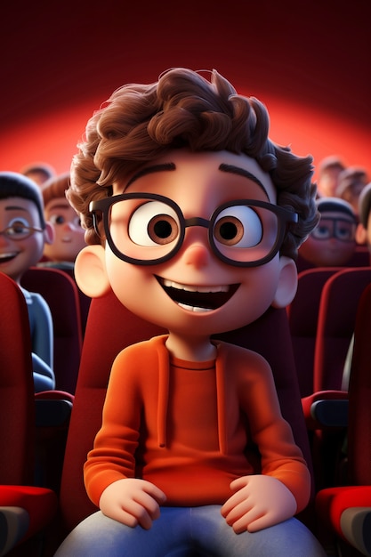 Um rapaz em 3D a ver um filme no cinema.