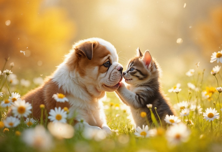 Foto grátis um retrato adorável de animais de estimação cercados de flores.