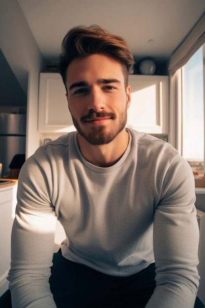 Foto grátis um retrato de um homem bonito de perto dentro de casa.