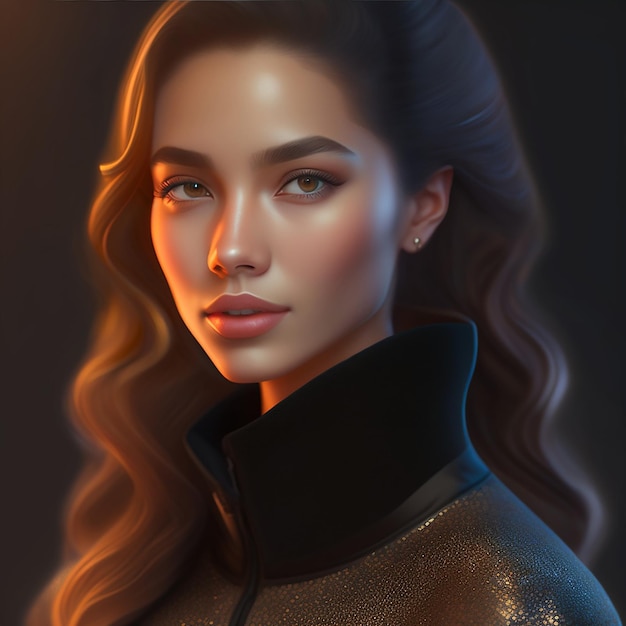 Um retrato de uma mulher com cabelos longos e uma jaqueta preta.