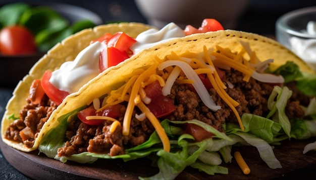 Foto grátis um taco com tacos de carne em uma placa de madeira