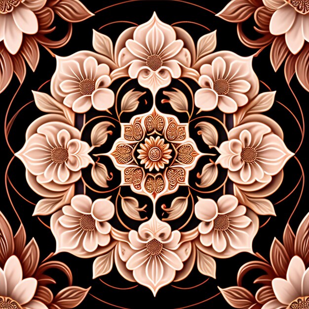 Um teste padrão floral preto e marrom com um design floral.