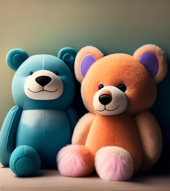 Um urso azul e um urso azul estão sentados um ao lado do outro.