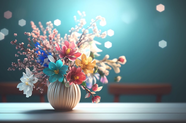 Foto grátis um vaso de flores em uma mesa contra um fundo azul bokeh