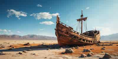 Foto grátis um velho navio encalhado num grande deserto .