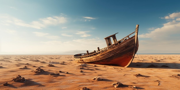 Foto grátis um velho navio encalhado num grande deserto .