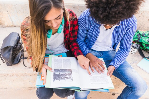 Um, visão aérea, de, macho fêmea, estudante, lendo livro