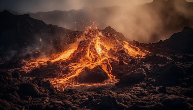 Um vulcão com um vulcão ao fundo