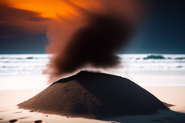 Um vulcão com uma nuvem de poeira no céu