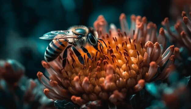 Uma abelha amarela poliniza uma flor gerada por IA