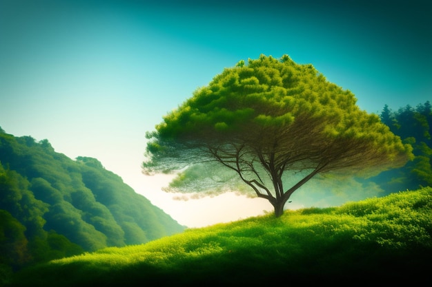 Uma árvore em um campo com fundo verde e céu azul.