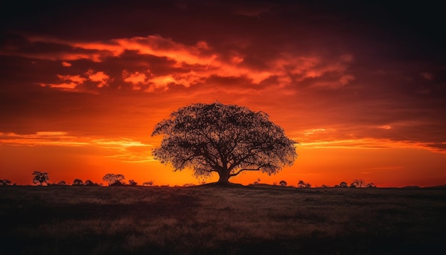 Uma árvore em um campo com um céu vermelho e o sol atrás dela