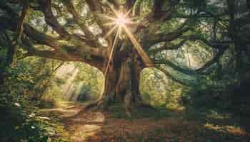 Foto grátis uma árvore na floresta com o sol brilhando através dela