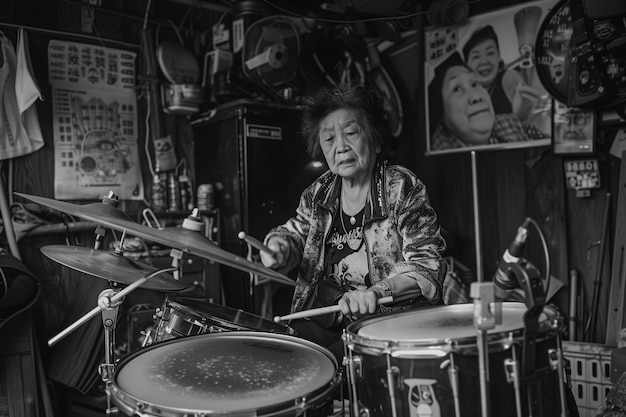 Uma avó rebelde a tocar bateria.