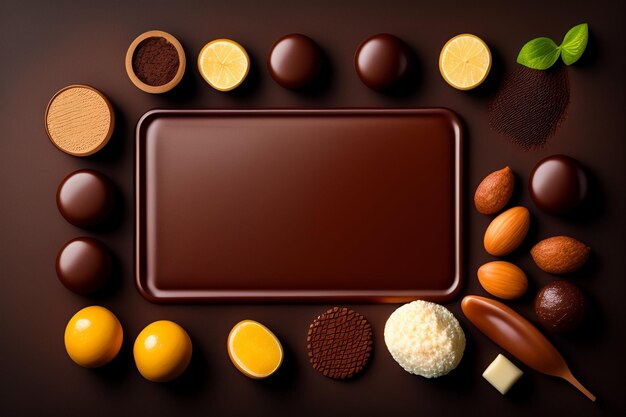 Uma bandeja de chocolates variados e outros doces, incluindo um que diz 'chocolate'