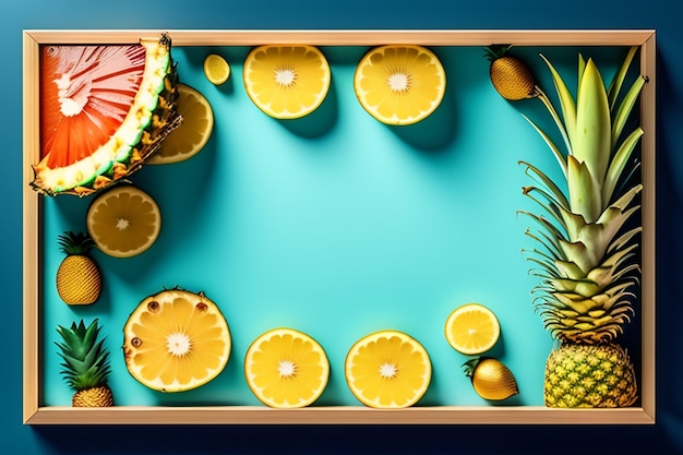 Foto grátis uma bandeja de frutas e um abacaxi em um fundo azul