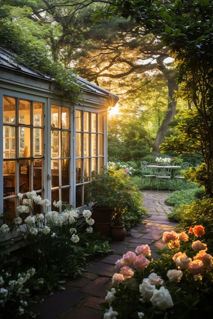 Uma bela casa cercada de flores.