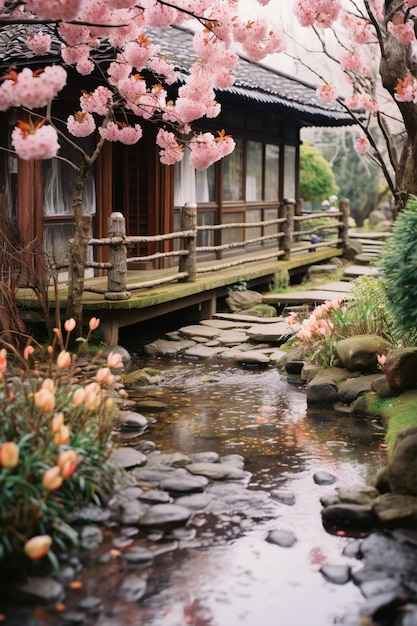 Uma bela casa cercada de flores.