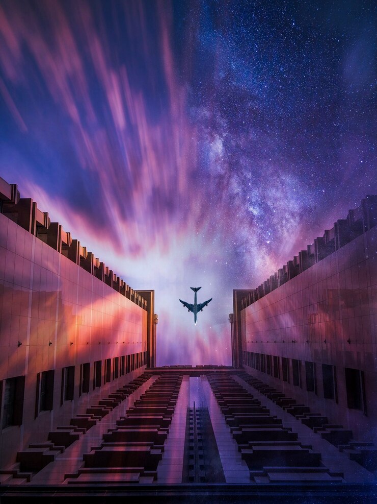 Foto grátis uma bela foto de um avião passando sobre o edifício com um céu estrelado ao fundo