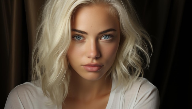 Uma bela jovem de cabelos loiros olhando para uma câmera gerada por inteligência artificial
