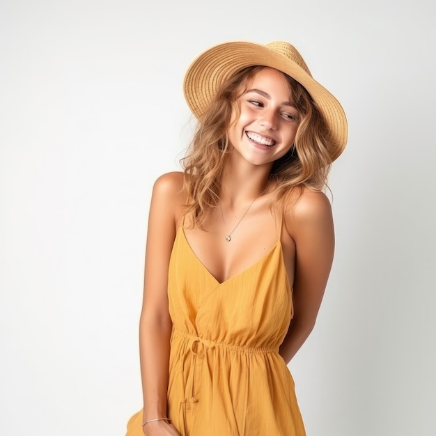 Foto grátis uma bela mulher em vestido de verão está sorrindo feliz em fundo branco conceito de viagem de verão