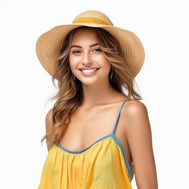 Foto grátis uma bela mulher em vestido de verão está sorrindo feliz em fundo branco conceito de viagem de verão