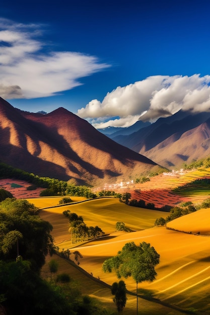 Uma bela paisagem montanhosa com um céu azul e nuvens.