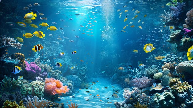 Uma bela paisagem subaquática com peixes e corais