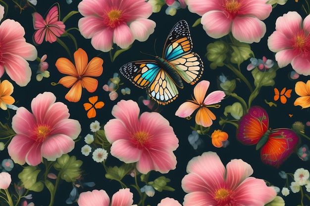 Uma borboleta senta-se em uma flor e é cercada por flores.