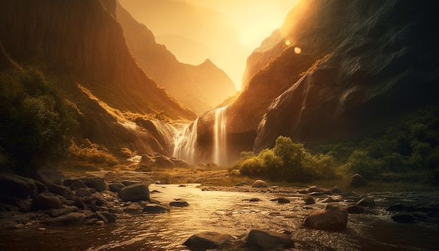 Foto grátis uma cachoeira nas montanhas com o pôr do sol atrás dela