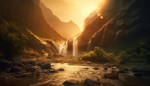 Uma cachoeira nas montanhas com o pôr do sol atrás dela